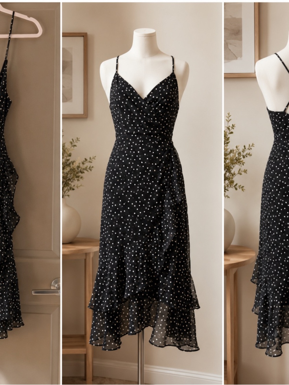 miami Black Polka Dot Spaghetti Strap Midi Dress